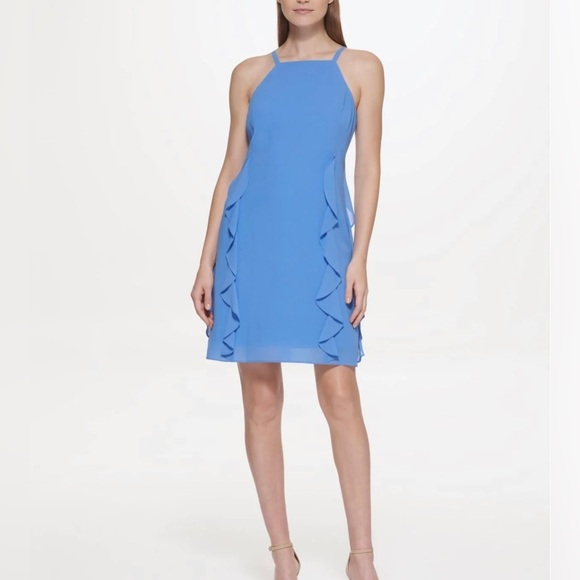 Vince Camuto Light Blue Ruffle High Neck Thin Strap Shift Dress Size 16 - Picture 1 of 9